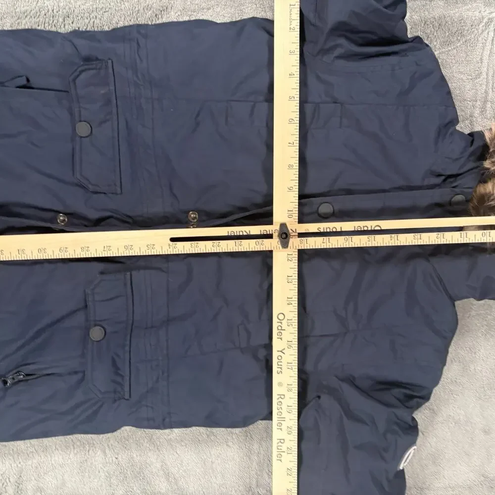 Lands' End Kids Winter Parka Coat L 10-12 Navy Down Faux Fur Hood